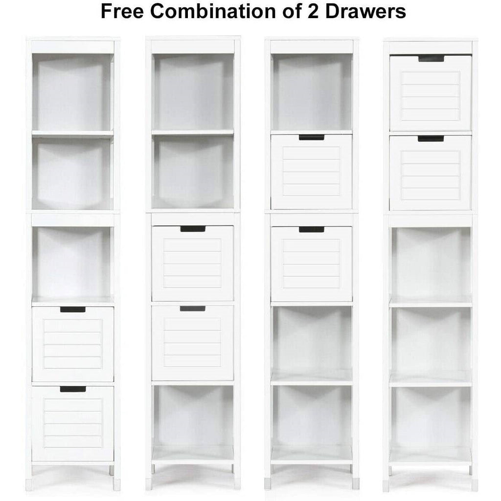 Bathroom Cabinet Tower with 2 Storage Drawers and 3 Shelves in White Wood Finish