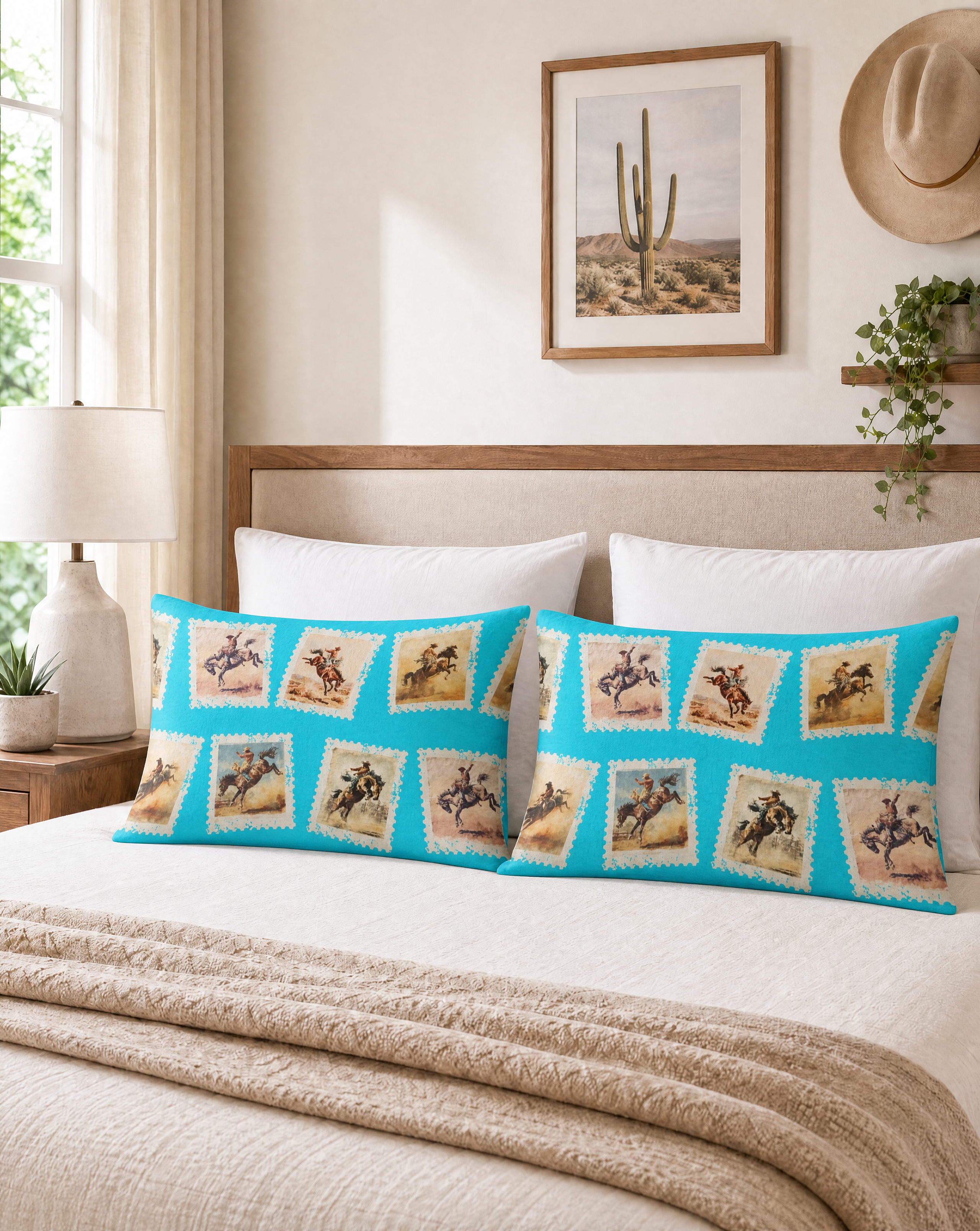 Baha Ranch Cowboy Stamp Turquoise Pillowcase Made in America Baha Ranch Western Wear