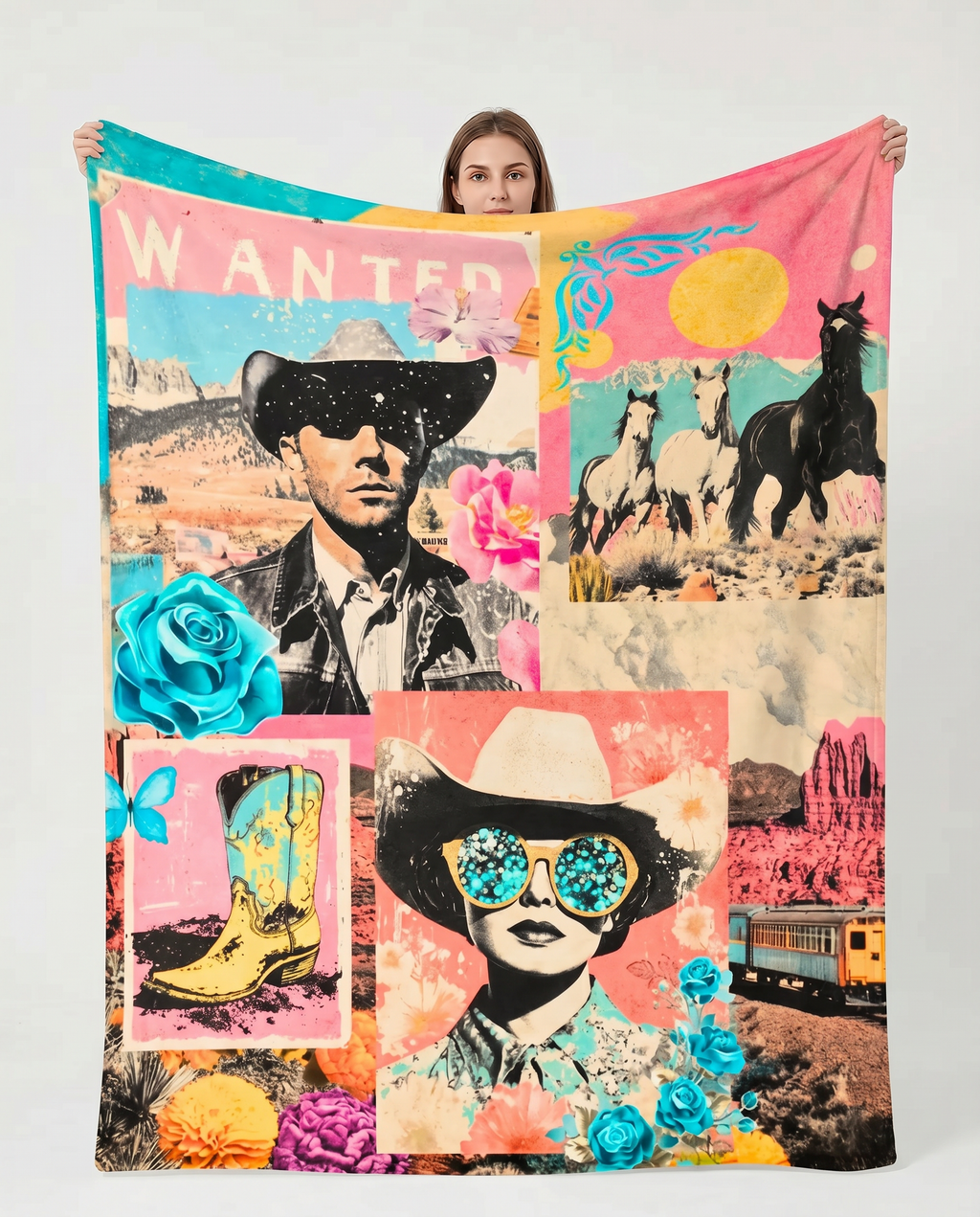 Pop Western Collage Throw Blanket Ultra-Soft Micro Fleece Blanket 60" x 80" Made in America Baha Ranch Western Wear