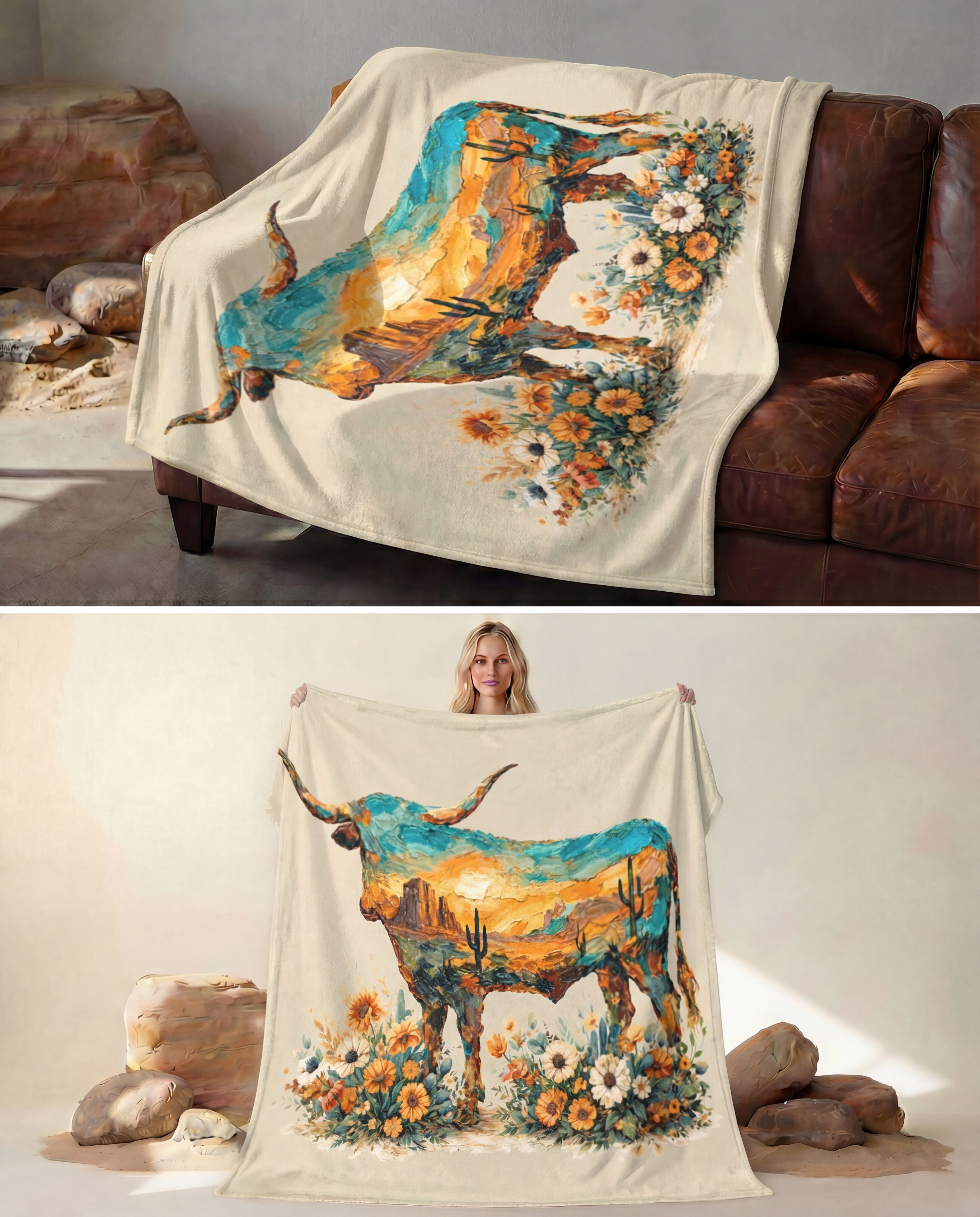 Baha Ranch Painted Longhorn Throw Blanket 60" x 80" Made in America Baha Ranch Western Wear