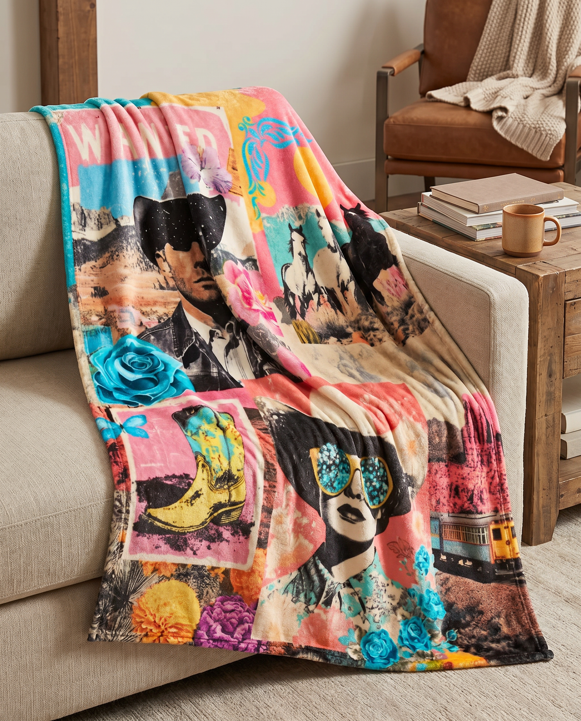 Pop Western Collage Throw Blanket Ultra-Soft Micro Fleece Blanket 60" x 80" Made in America Baha Ranch Western Wear