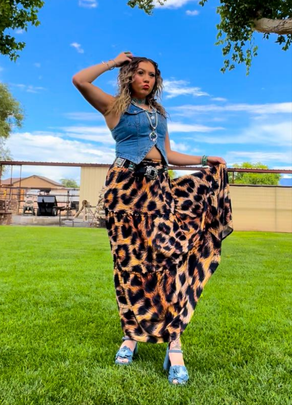 Baha Ranch Retro Pop Western Leopard Print Maxi Prairie Skirt Baha Ranch Western Wear