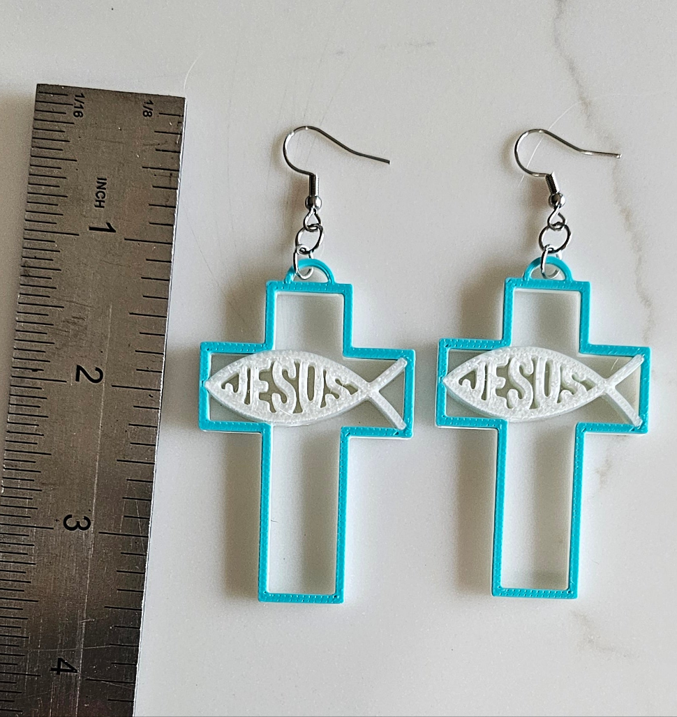 3D Print Christian Cross Faith Earrings Made in America Baha Ranch Western Wear