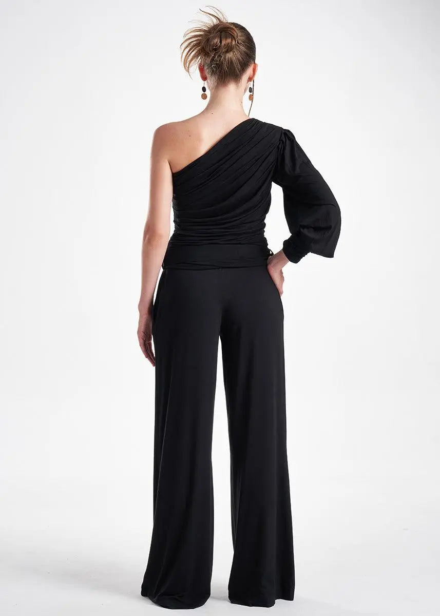 Black Knit 2-Piece Set With An Asymmetrical One-Sleeve Blouse And Palazzo Pants ETNA