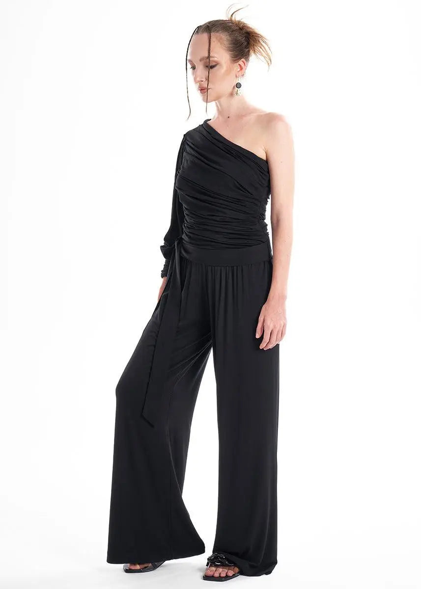 Black Knit 2-Piece Set With An Asymmetrical One-Sleeve Blouse And Palazzo Pants ETNA