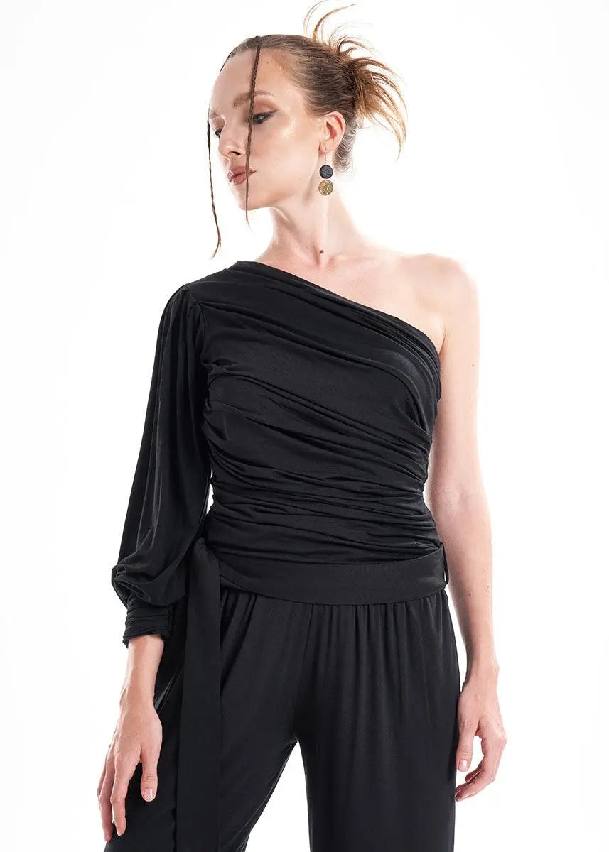 LavaNera One Shoulder Black Jersey Viscose Blouse ETNA
