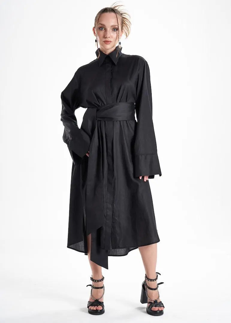 Aitna Long Black Organic Finest Fabric Shirt Dress ETNA