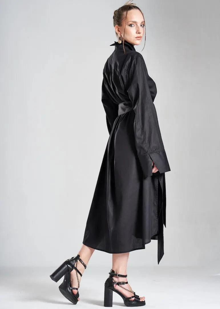 Lightweight And Breathable Deep Black Set With Maxi Button Down And Palazzo Pants ETNA