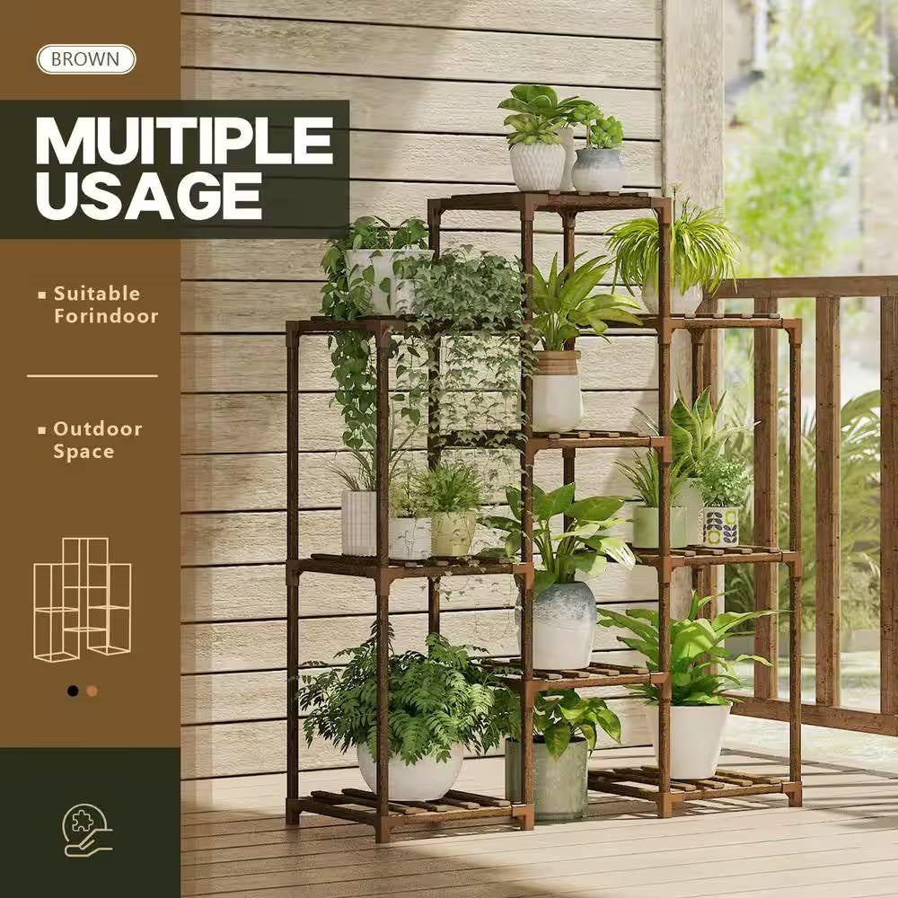 Natural Wood Bookcase Plant Stand Shelving Rack - Holds up to 9 Planters
