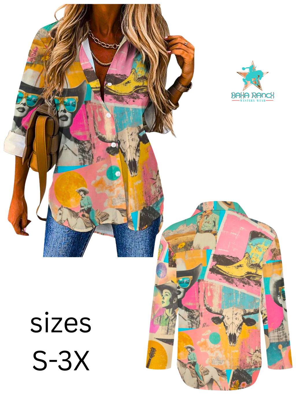 Baha Ranch Pop Western Retro Cowgirl Collage Button Up Blouse Baha Ranch Western Wear