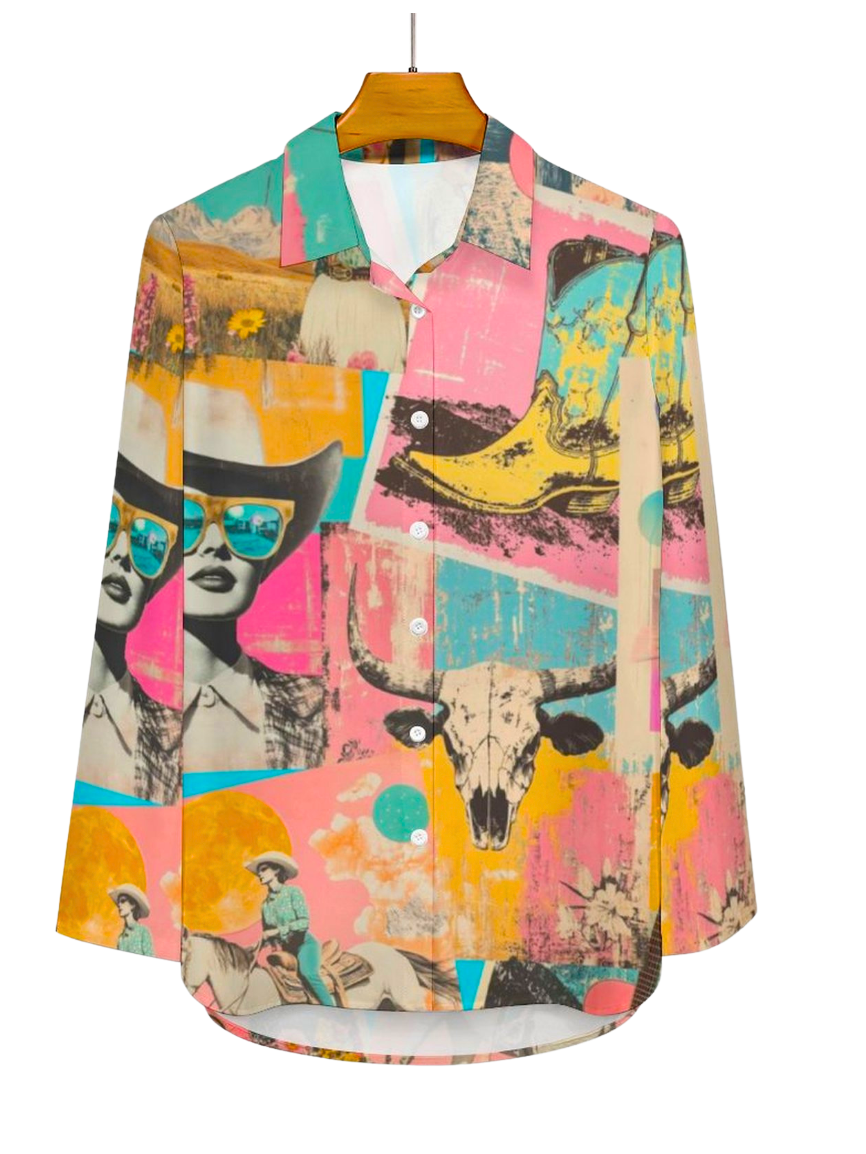 Baha Ranch Pop Western Retro Cowgirl Collage Button Up Blouse Baha Ranch Western Wear