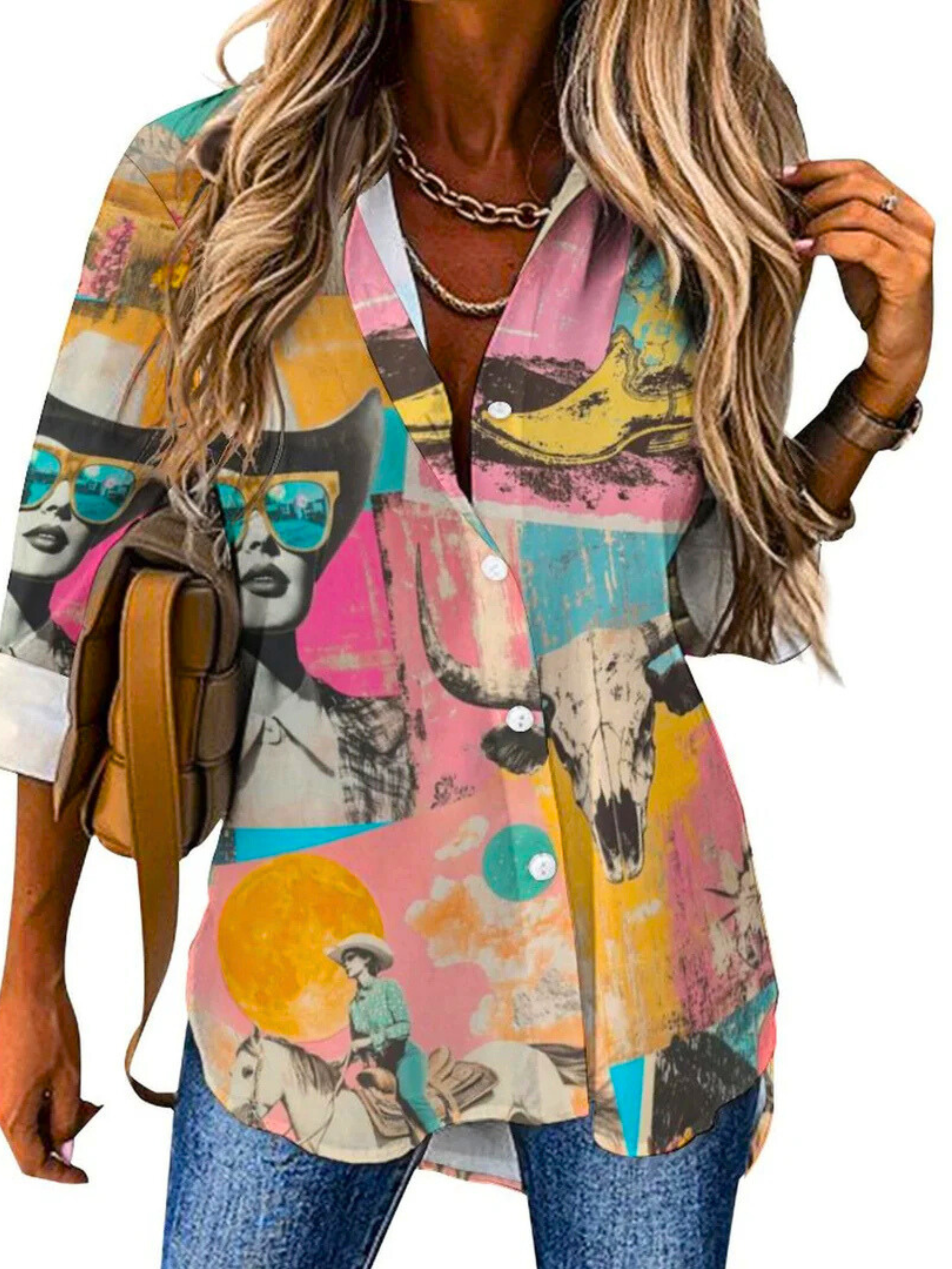 Baha Ranch Pop Western Retro Cowgirl Collage Button Up Blouse Baha Ranch Western Wear