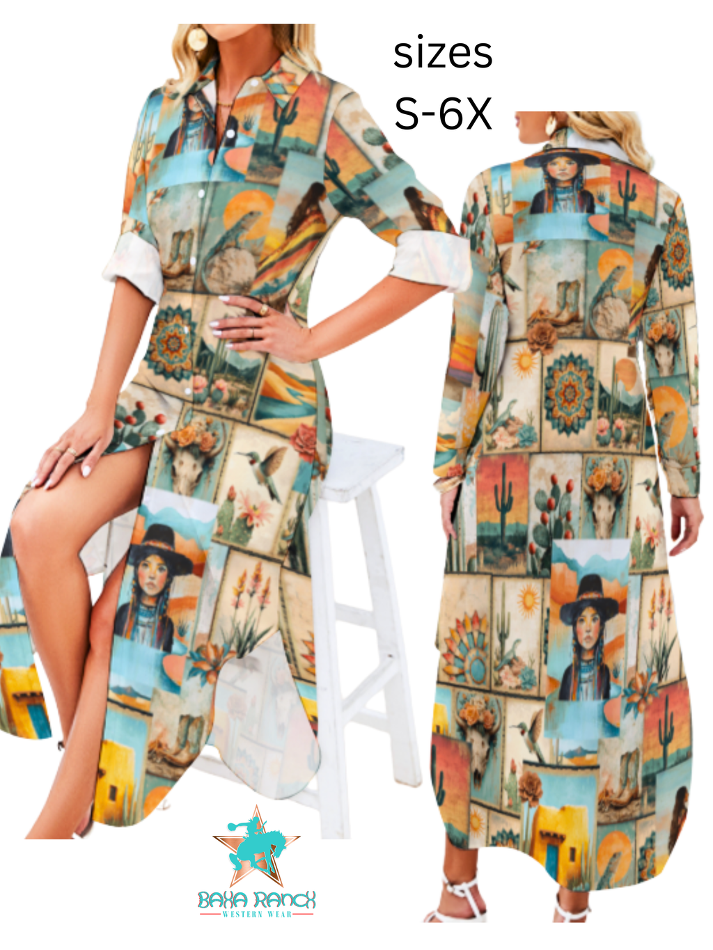 Colores de Mexico Pictures of the Southwest Button-Up Long Sleeve Shirt Dress Duster Baha Ranch Western Wear