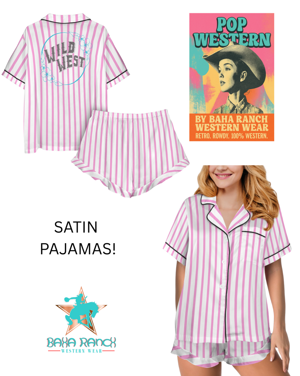 Baha Ranch Retro Pop Western Wild West Pink Pin Stripe Satin Pajamas Baha Ranch Western Wear