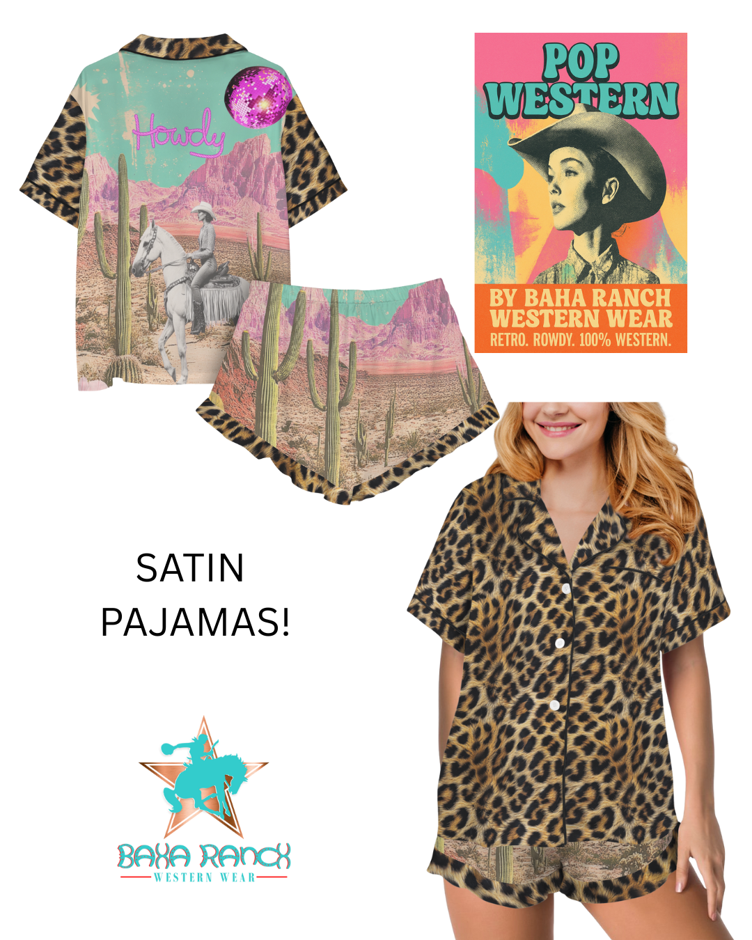 Baha Ranch Retro Pop Western Leopard Desert Cowgirl Satin Pajamas Baha Ranch Western Wear