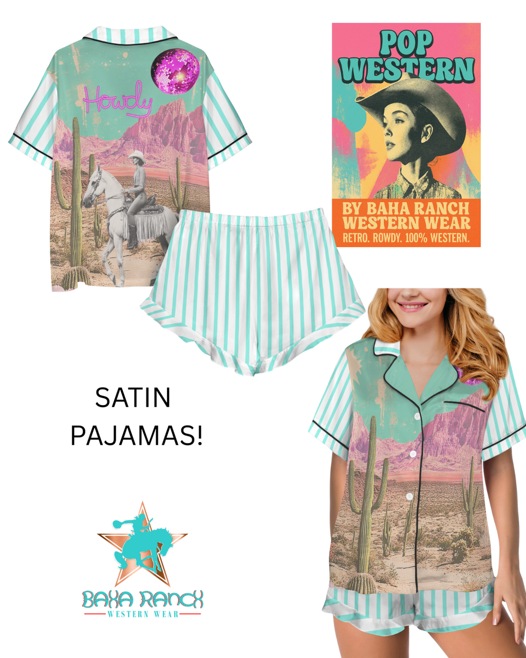 Baha Ranch Retro Pop Western Howdy Desert Cowgirl Satin Pajamas Baha Ranch Western Wear