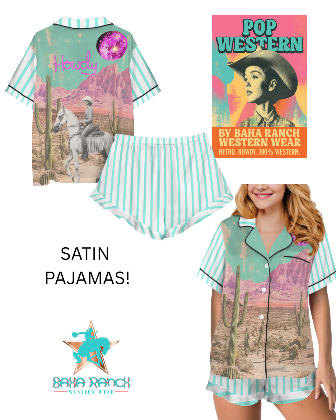 Baha Ranch Retro Pop Western Howdy Desert Cowgirl Satin Pajamas Baha Ranch Western Wear