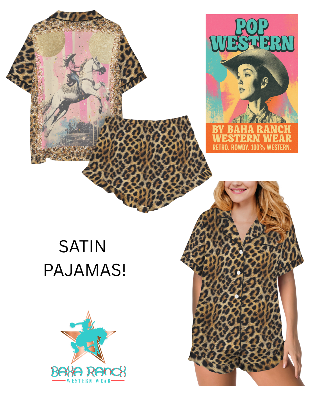 Baha Ranch Retro Pop Western Leopard Cowgirl Satin Pajamas Baha Ranch Western Wear