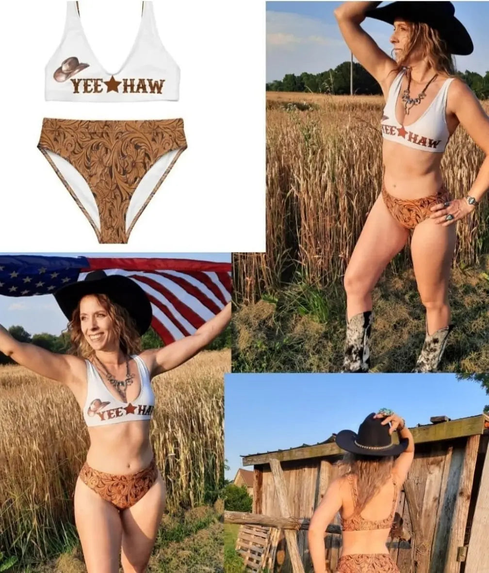Yeehaw Tooled Leather Print Bikini Baha Ranch Western Wear