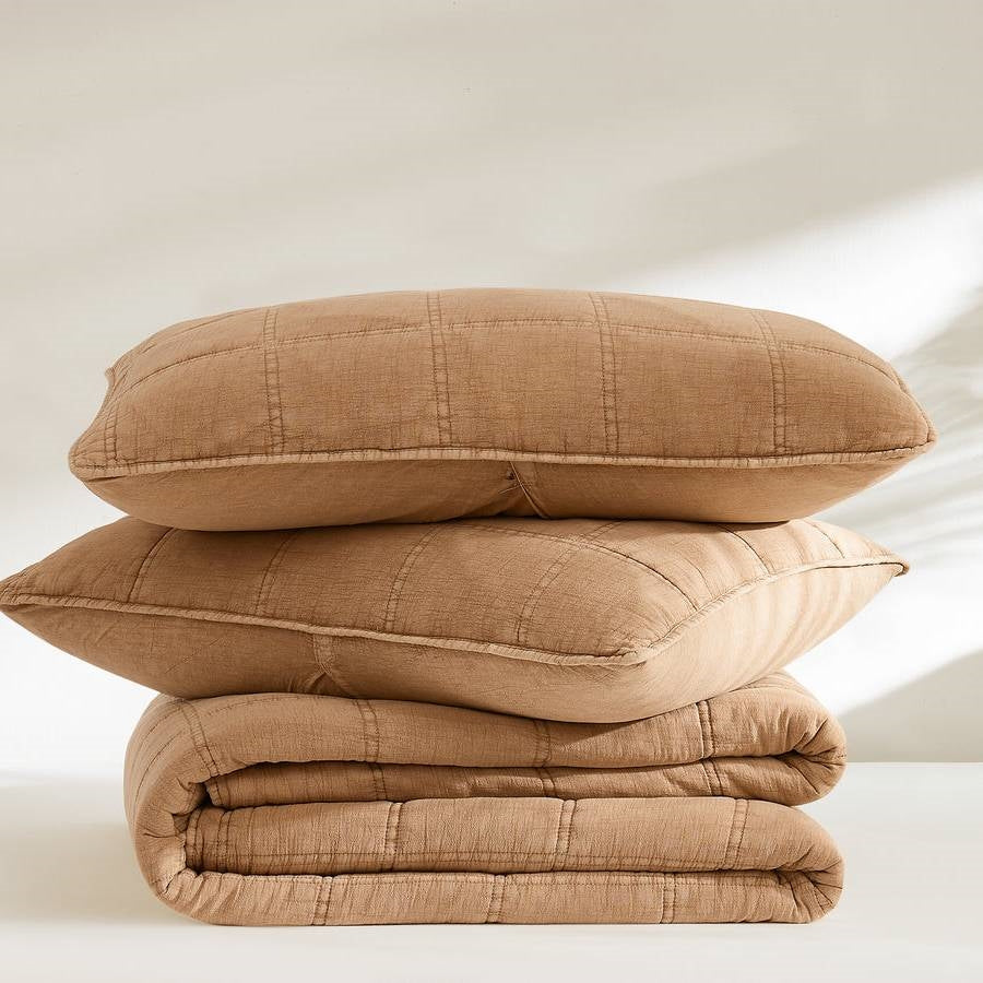 Full/Queen Size 3-Piece Taupe Brown Sienna Faded Stone Washed Cotton Quilt Set
