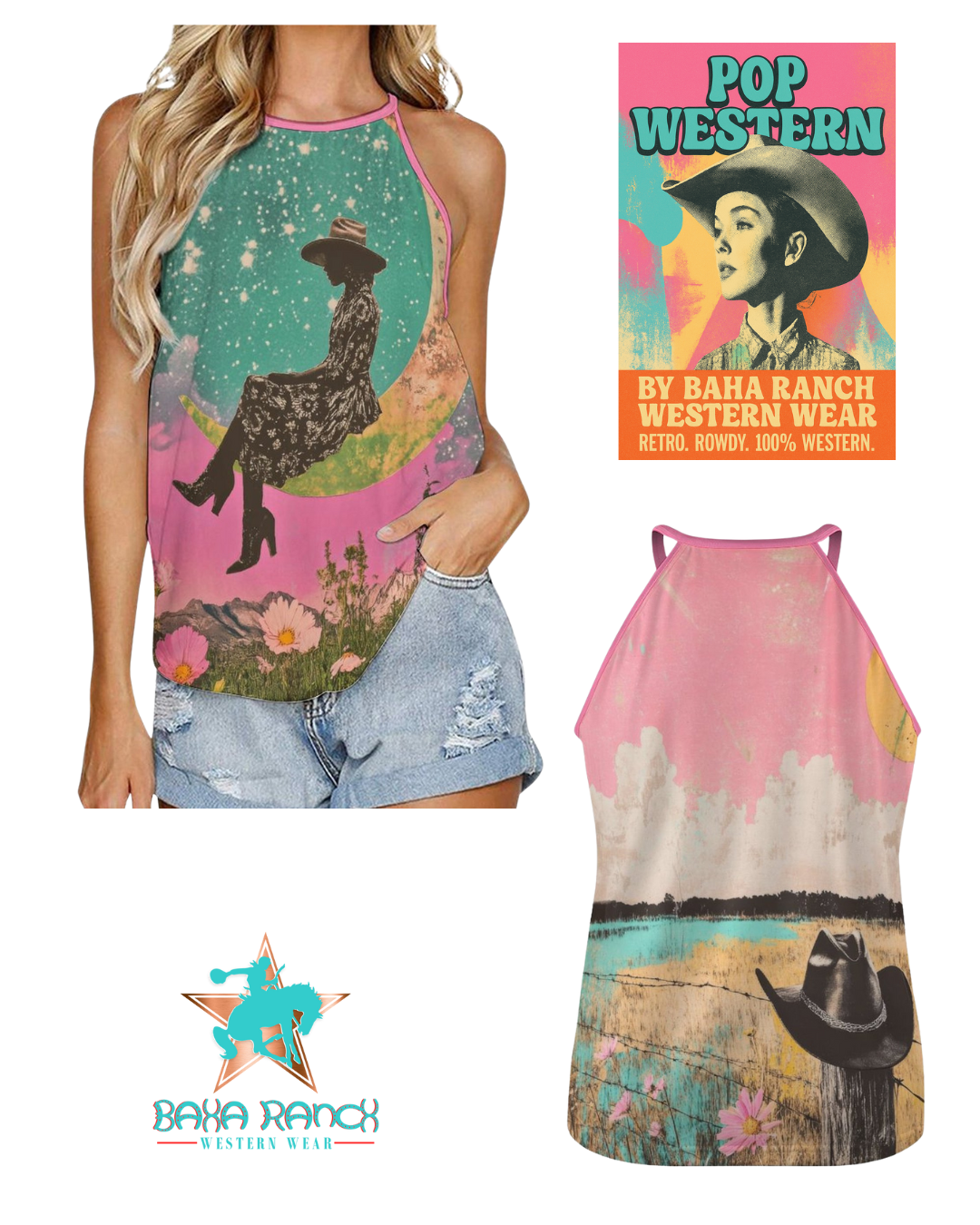 Baha Ranch Cowgirl on the Moon Retro Pop Western Tank Top Baha Ranch Western Wear