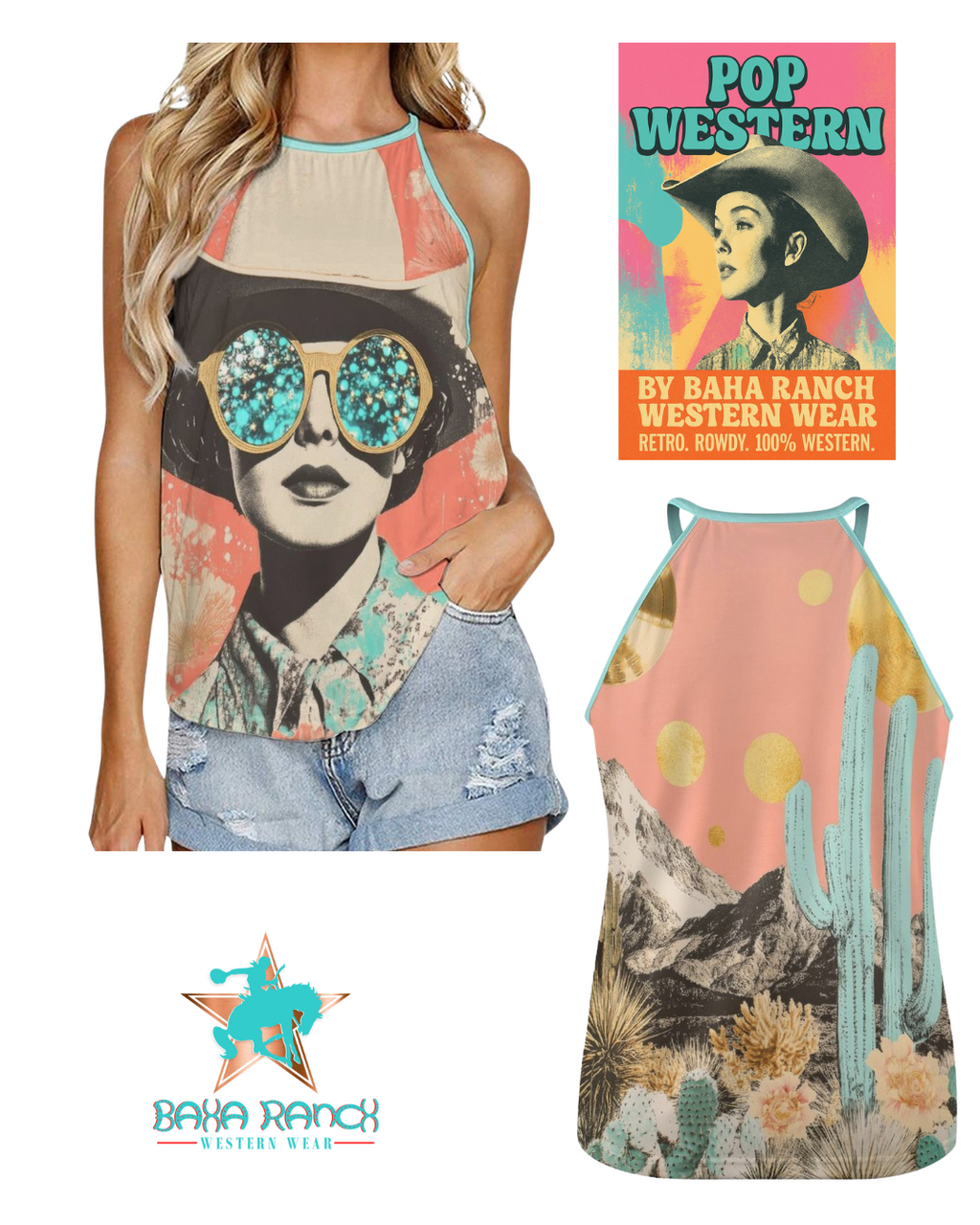 Baha Ranch Turquoise Cowgirl Retro Pop Western Tank Top Baha Ranch Western Wear