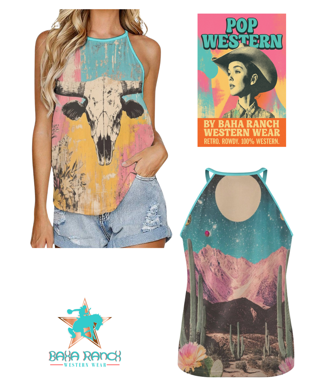 Baha Ranch Bull Skull Retro Pop Western Tank Top Baha Ranch Western Wear