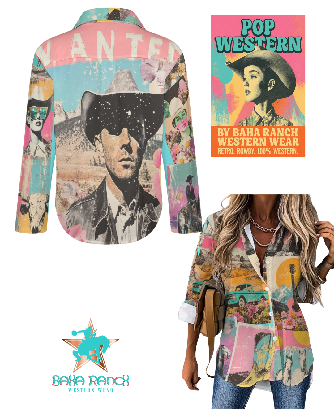Baha Ranch Pop Western Wanted Collage Button Up Shirt Baha Ranch Western Wear