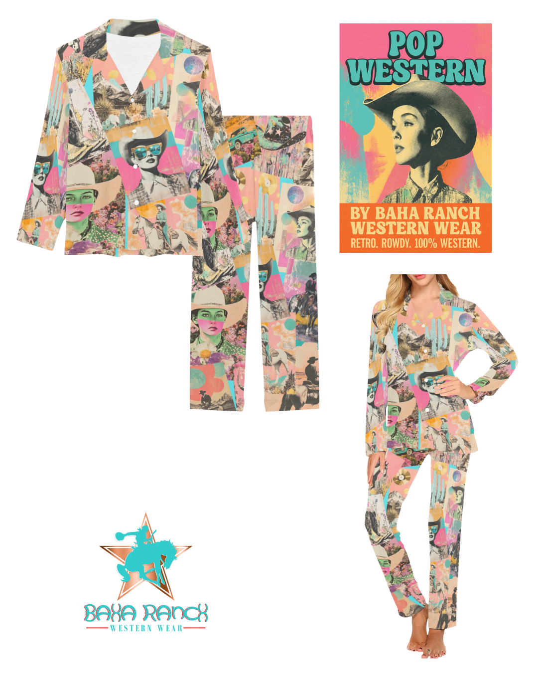 Baha Ranch Retro Pop Western Collage Pajama Set Baha Ranch Western Wear