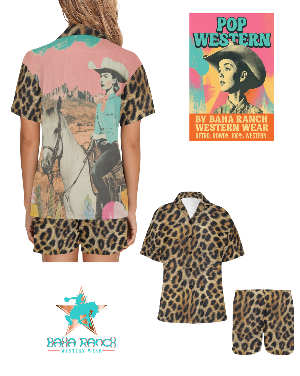 Baha Ranch Retro Pop Western Leopard Cowgirl Pajama Set Baha Ranch Western Wear