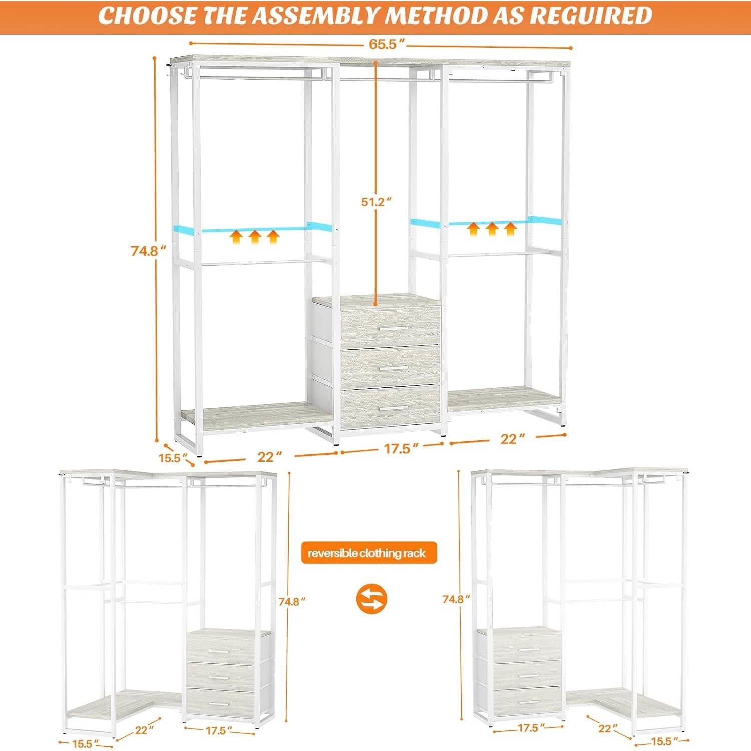Heavy Duty White Metal Freestanding Garment Rack Closet Wardrobe with 3 Drawers
