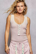 POL Lace Trim Tank with Front Button Closure