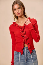 SO ME Cascade Ruffle Ribbed Sweater Cardgian