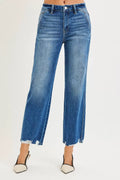 RISEN High Rise Ankle Straight Distressed Hem Detail Jeans