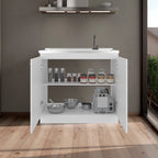 Napoles Utility Sink with Faucet Inclued and Integrated Stainless Steel Counter top, Freestanding cabinet with two doors, Metal Handles and Two interior shelves, White