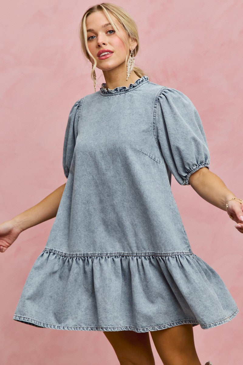 SO ME Denim Short Sleeves Mini Tiered Dress
