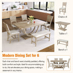TOPMAX Modern Style Natural Wood 6-Piece Dining Table Set with Bench and Chairs, Upholstered Seats, Rubberwood Frame