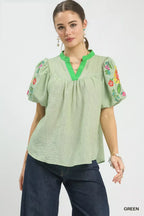 Umgee Embroidered Puff Sleeve Top