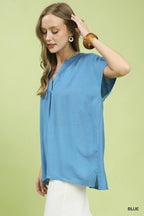 Umgee Flowy V-Neck Short Sleeve Blouse