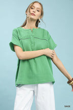 Umgee Textured Gauze Split-Neck Boho Blouse