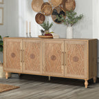 Carved Flower Door Large Storage Cabinet With Metal Handle Suitable For Living Room, Kitchen, Entryway(NATURAL WOOD)