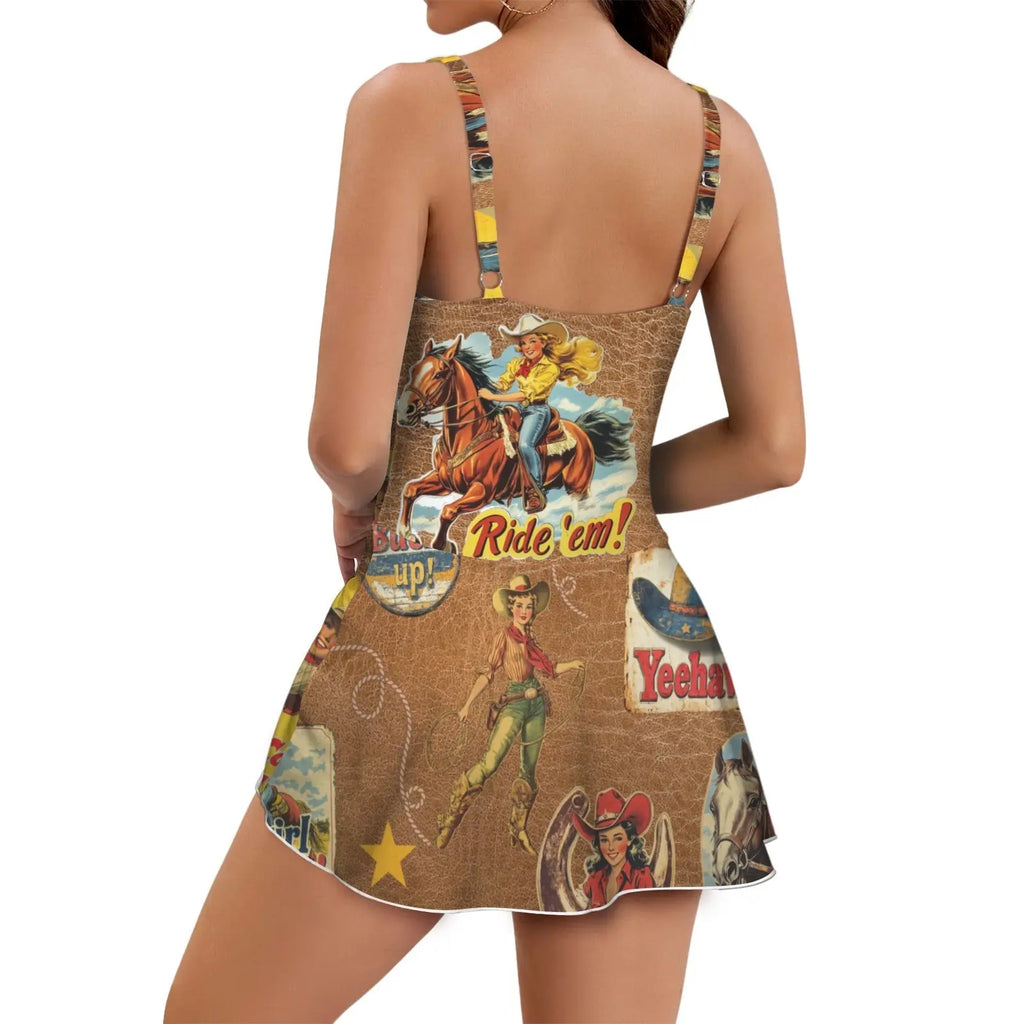 Baha Ranch Vintage Cowgirl Collage Skirted Swim Suit Baha Ranch Western Wear