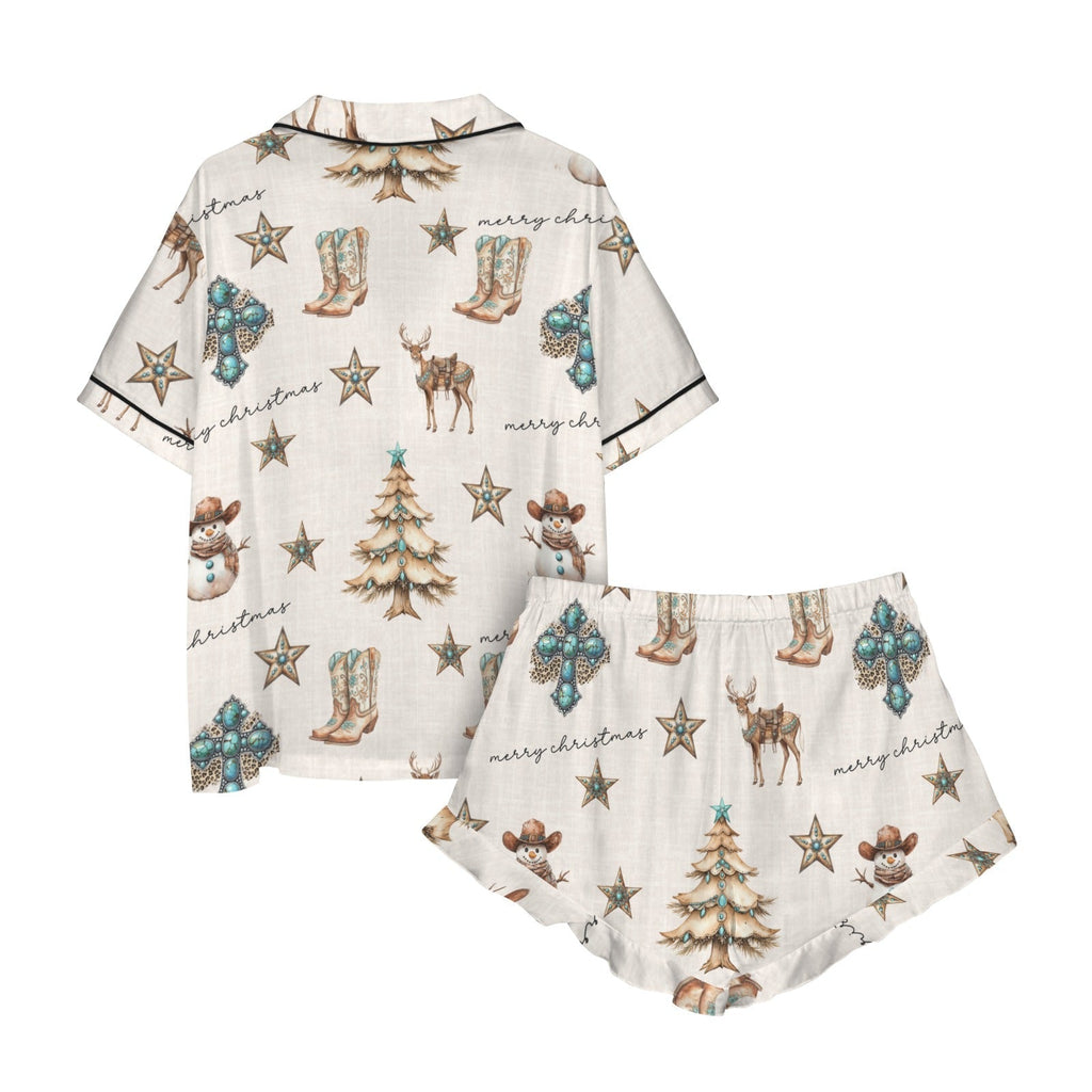 Baha Ranch Christmas Spirit Cowgirl Western Cowboy Satin Short Pajama Sets Baha Ranch Western Wear