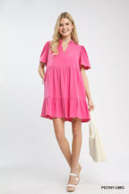 Umgee Linen Tiered Babydoll Dress with Scalloped Sleeves
