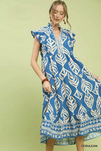 Umgee Leaf Print Tiered Midi Dress with Pockets
