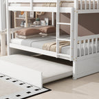 Full Over Full Rubber Wood Bunk Bed with Trundle, Ladder and Guardrails, Convertible to 2 Full Size Beds, with Twin Size Trundle,White