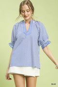 Umgee Stripe Ruffle Sleeve Split-Neck Blouse