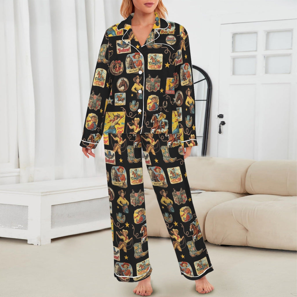 Baha Ranch Vintage Cowgirl Collage Western Satin Pajamas Baha Ranch Western Wear