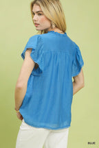 Umgee Flutter Sleeve Relaxed Top with Trim Detail