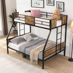 Modern Twin Over Full Metal Bunk Bed with 2-Side Ladder, Full-Length Guardrail, No Box Spring Needed, Black & Brown